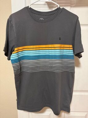 Volcom youth Charcoal Short-Sleeve Crew T-Shirt with Yellow and Blue Stripes